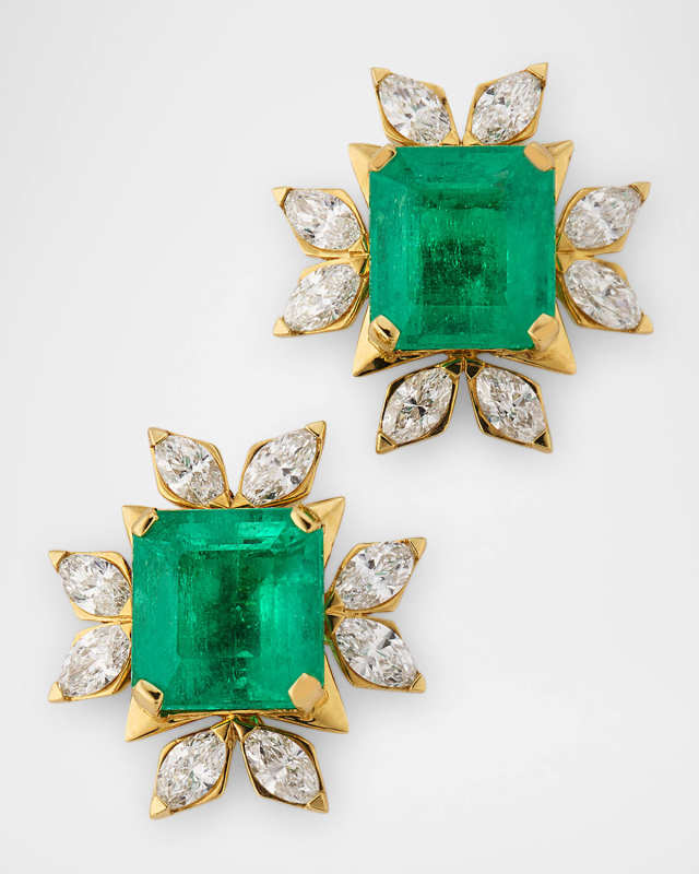 G-One 18K Yellow Gold Emerald Stud Earrings with Marquise Diamonds